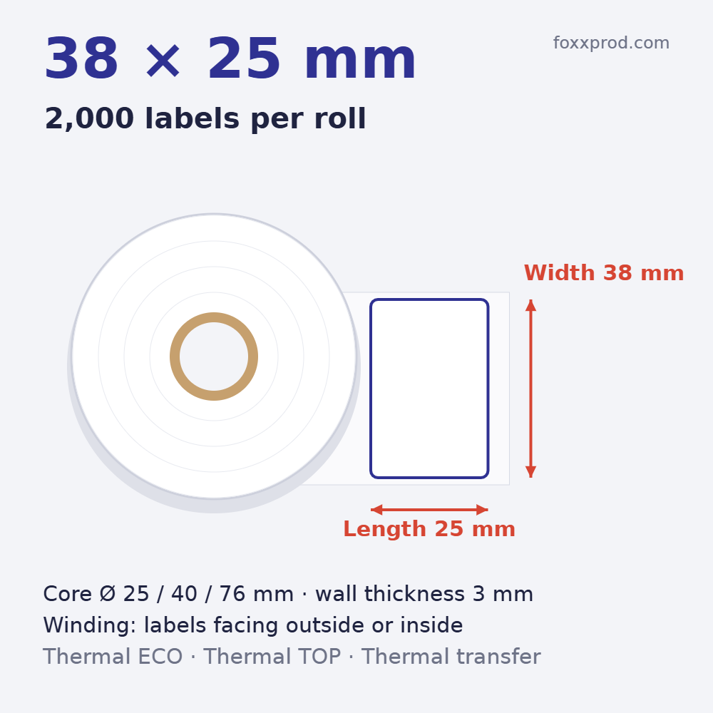 Thermal labels 38 × 25 mm on rolls