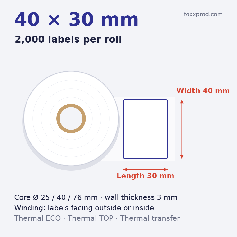 Thermal labels 40 × 30 mm on rolls