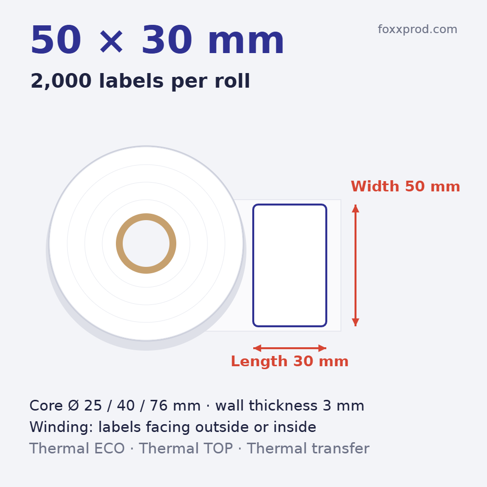 Thermal labels 50 × 30 mm on rolls