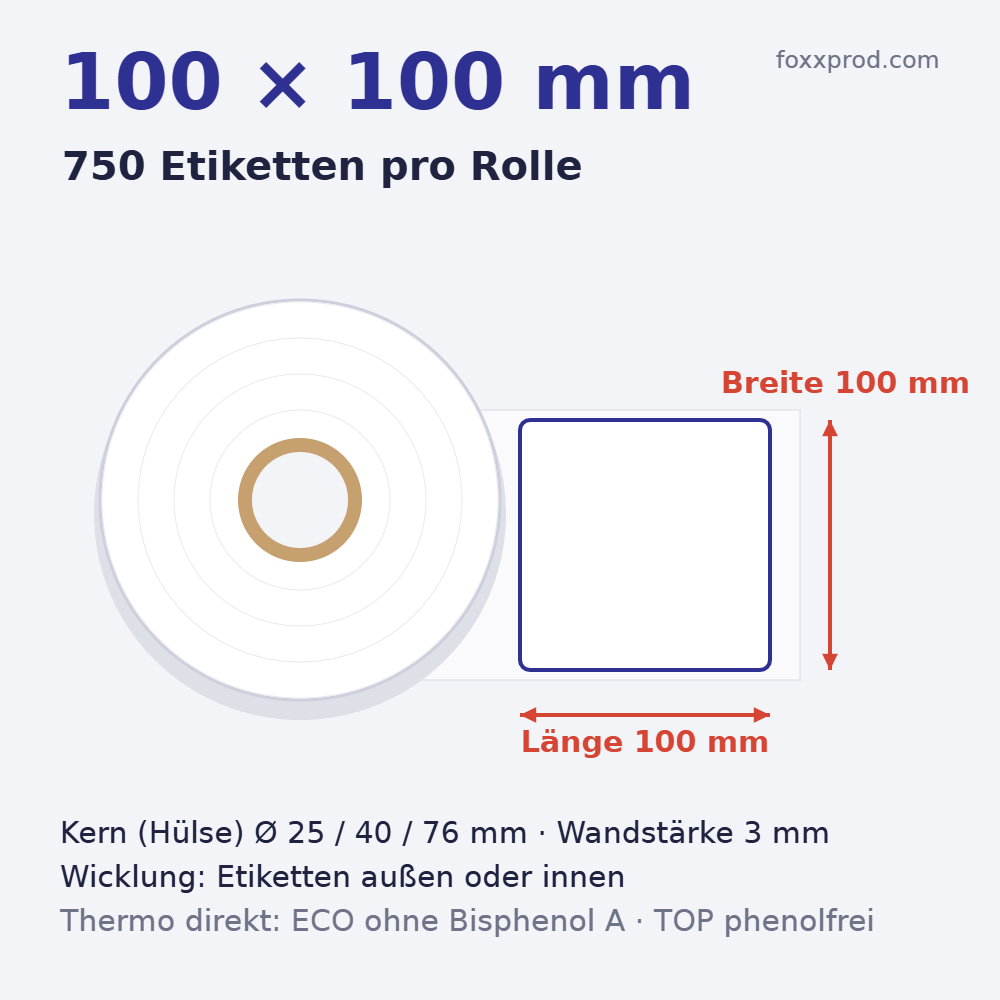 Thermoetiketten 100 × 100 mm auf Rolle