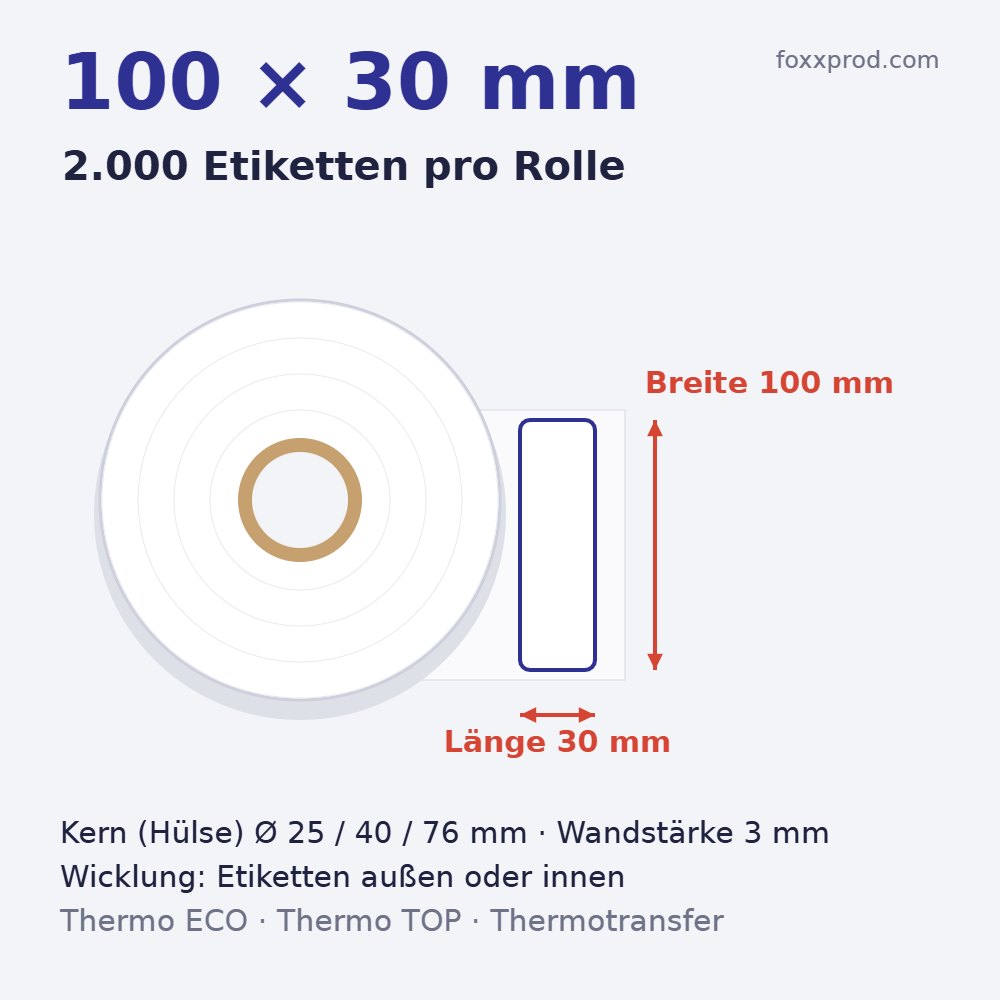 Thermoetiketten 100 × 30 mm auf Rolle