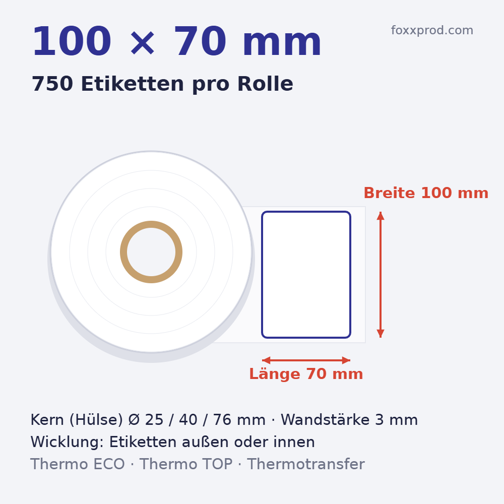 Thermoetiketten 100 × 70 mm auf Rolle