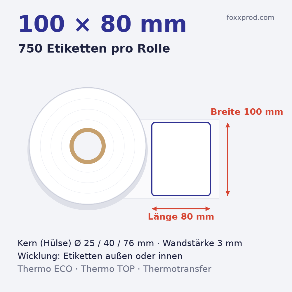 Thermoetiketten 100 × 80 mm auf Rolle