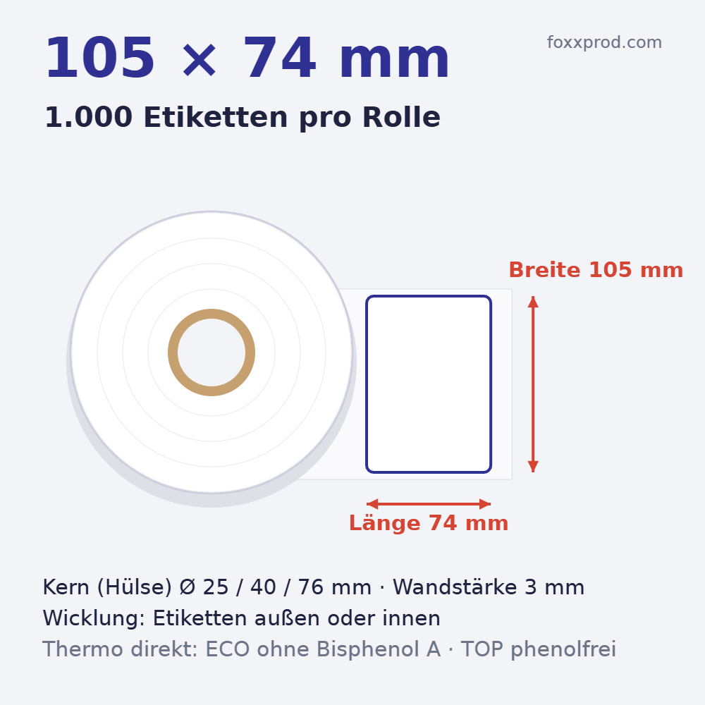 Thermoetiketten 105 × 74 mm auf Rolle