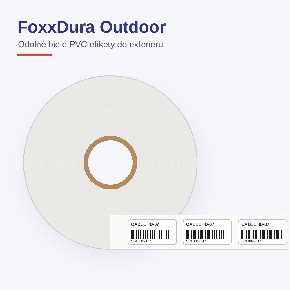 Odolné vinylové etikety FoxxDura Outdoor – biele PVC 100 × 18 mm, kotúč 2 000 ks